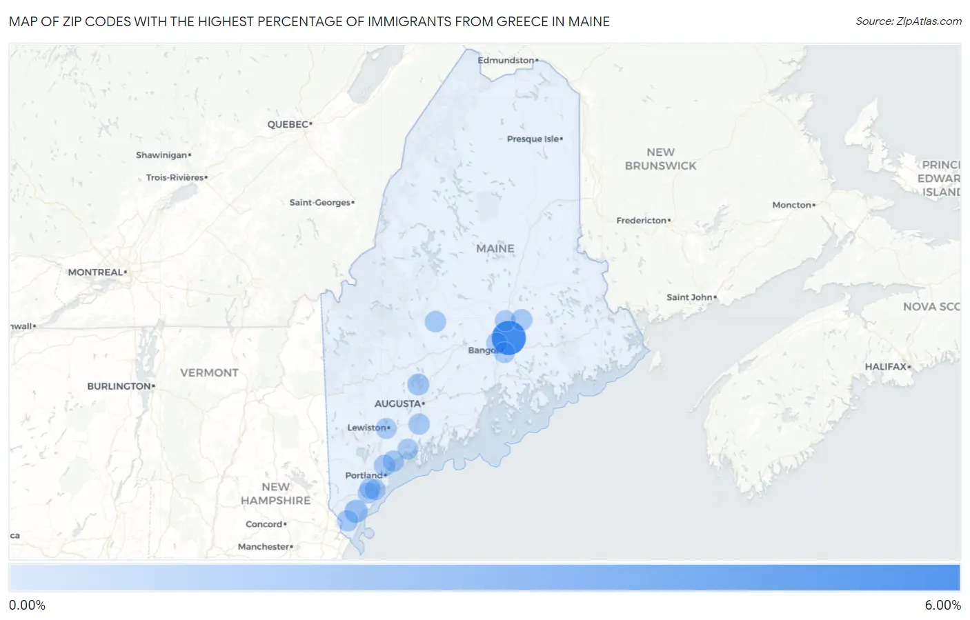 Zip Codes with the Highest Percentage of Immigrants from Greece in Maine Map