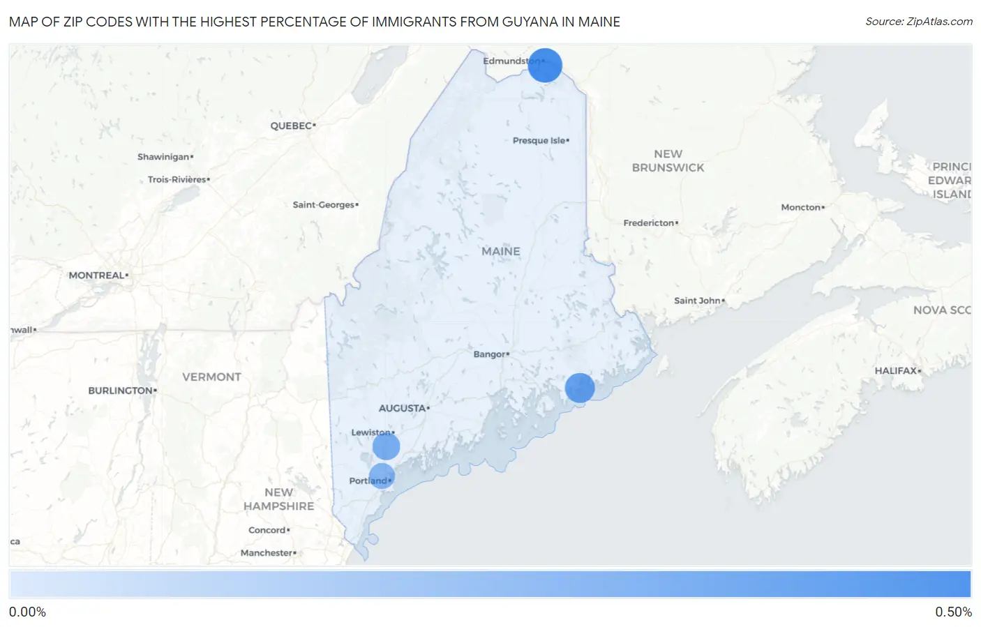 Zip Codes with the Highest Percentage of Immigrants from Guyana in Maine Map