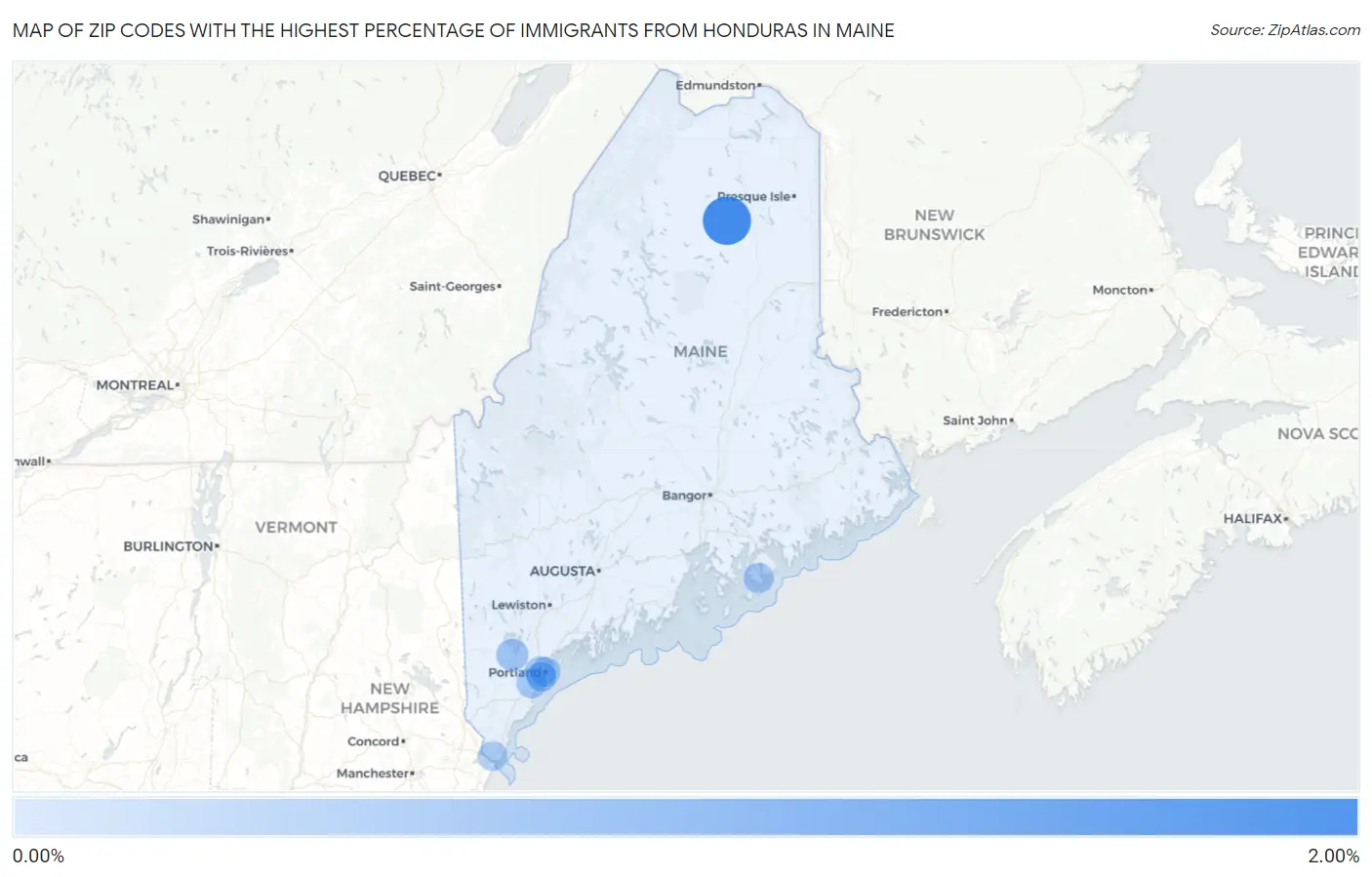Zip Codes with the Highest Percentage of Immigrants from Honduras in Maine Map