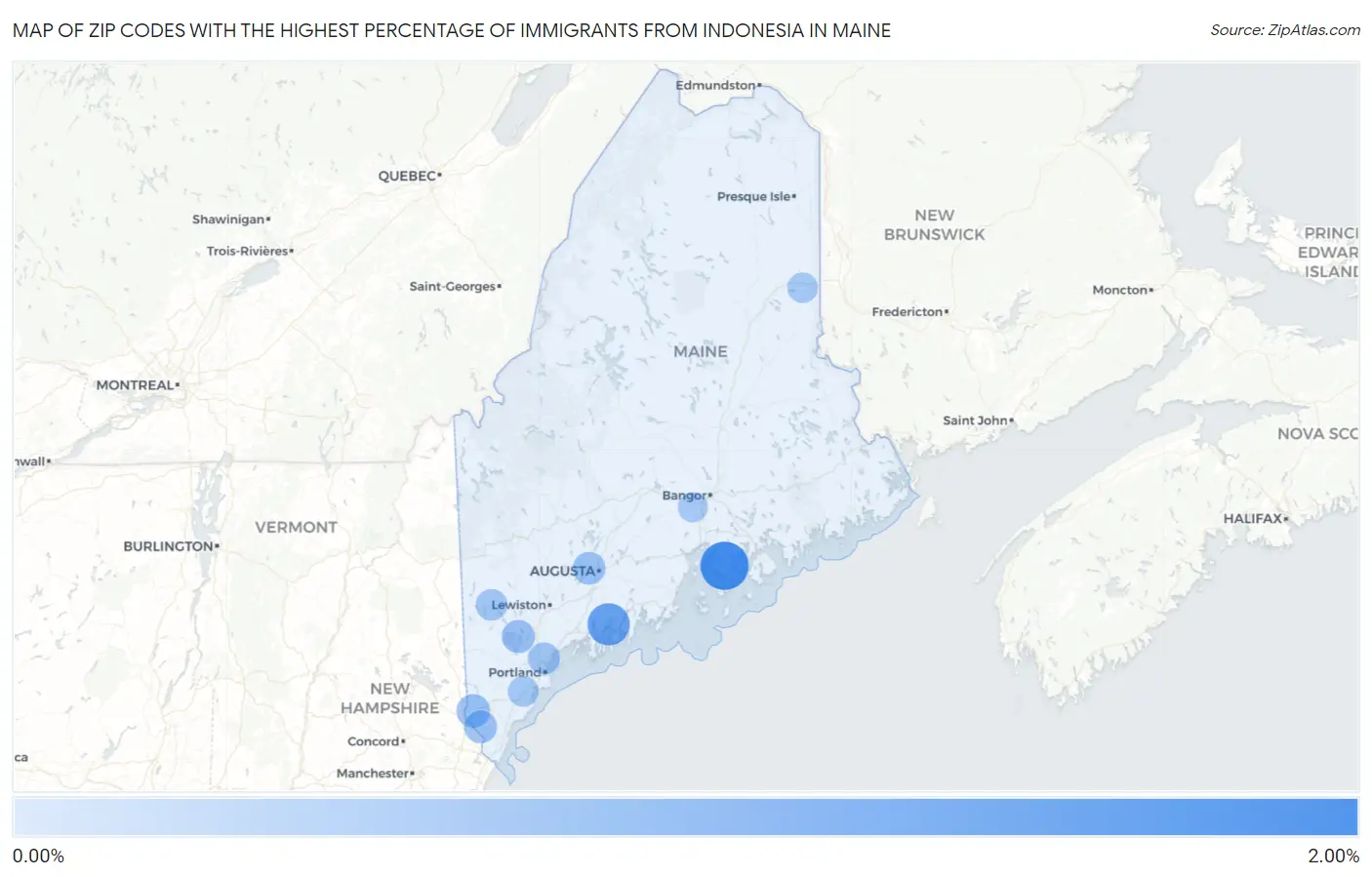 Zip Codes with the Highest Percentage of Immigrants from Indonesia in Maine Map