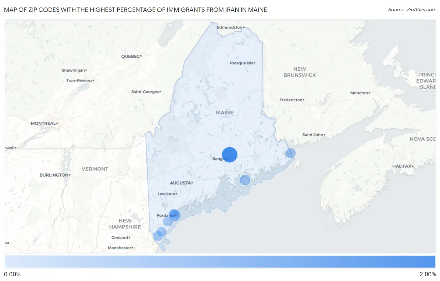 Zip Codes with the Highest Percentage of Immigrants from Iran in Maine Map