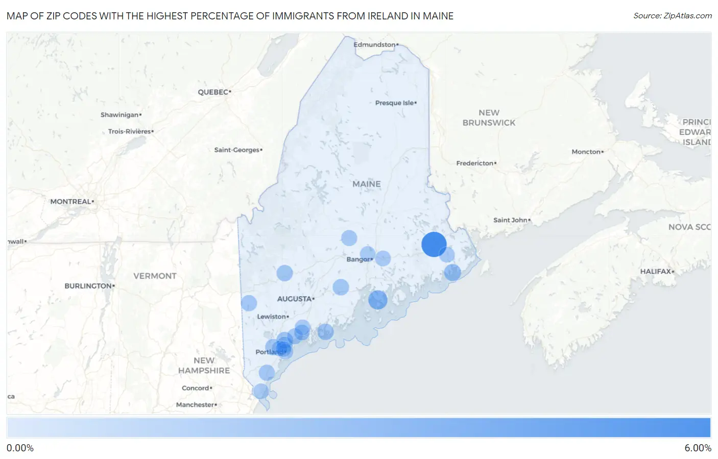 Zip Codes with the Highest Percentage of Immigrants from Ireland in Maine Map