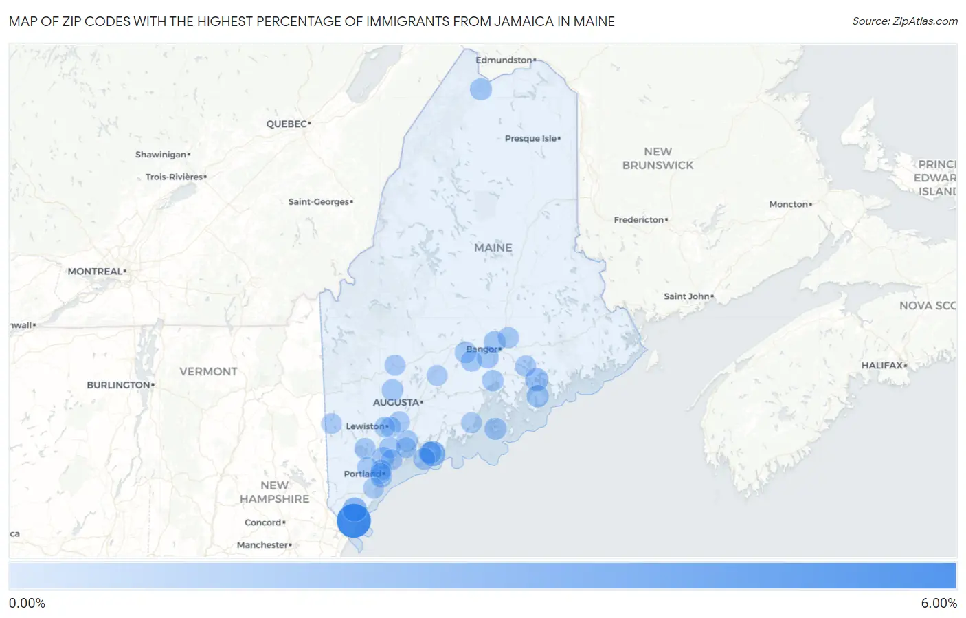Zip Codes with the Highest Percentage of Immigrants from Jamaica in Maine Map