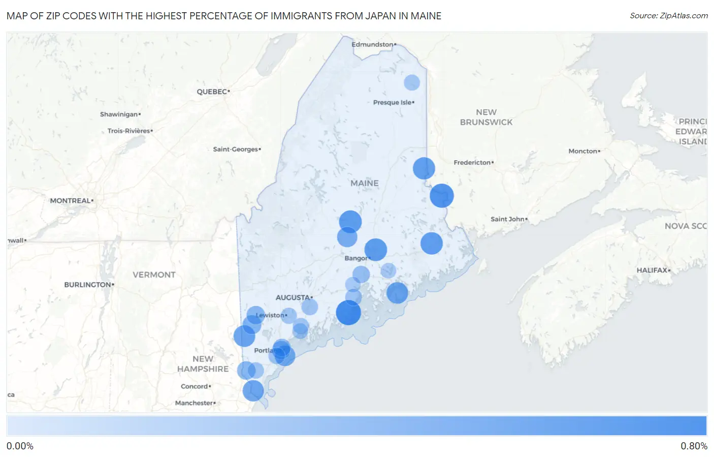 Zip Codes with the Highest Percentage of Immigrants from Japan in Maine Map