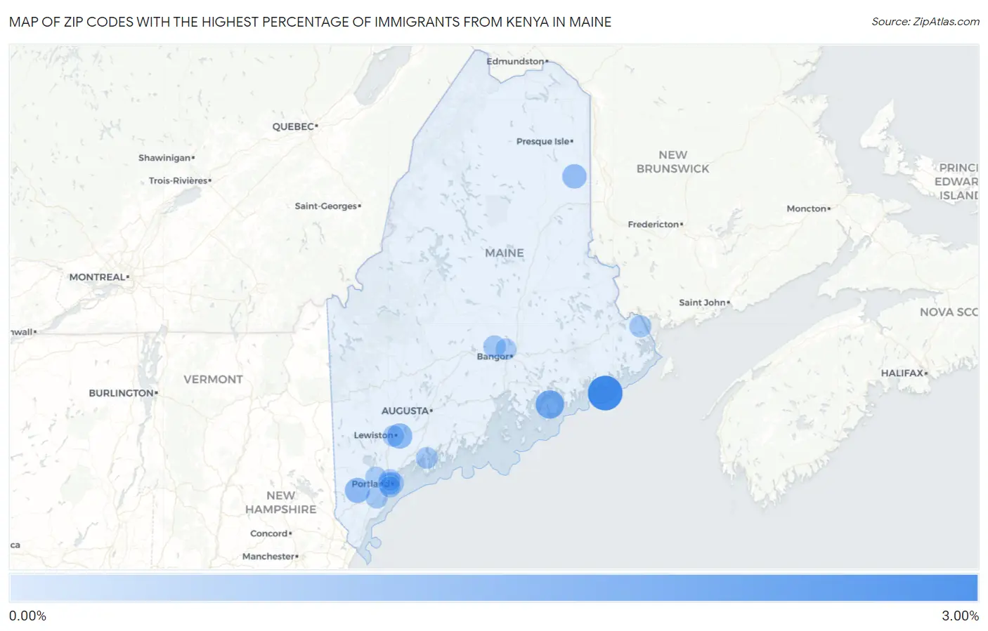 Zip Codes with the Highest Percentage of Immigrants from Kenya in Maine Map
