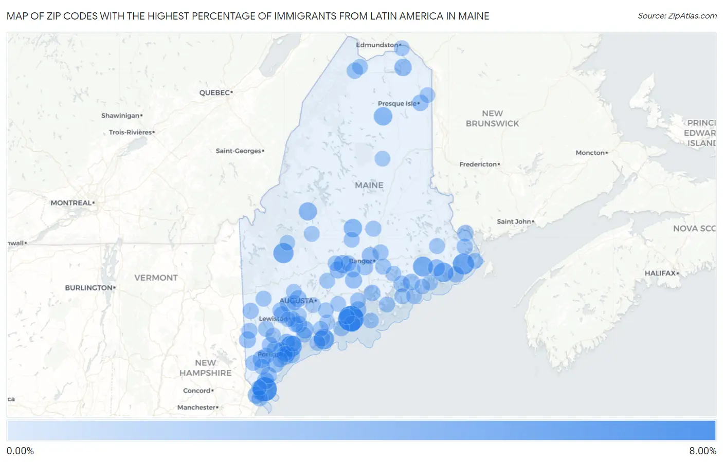 Zip Codes with the Highest Percentage of Immigrants from Latin America in Maine Map