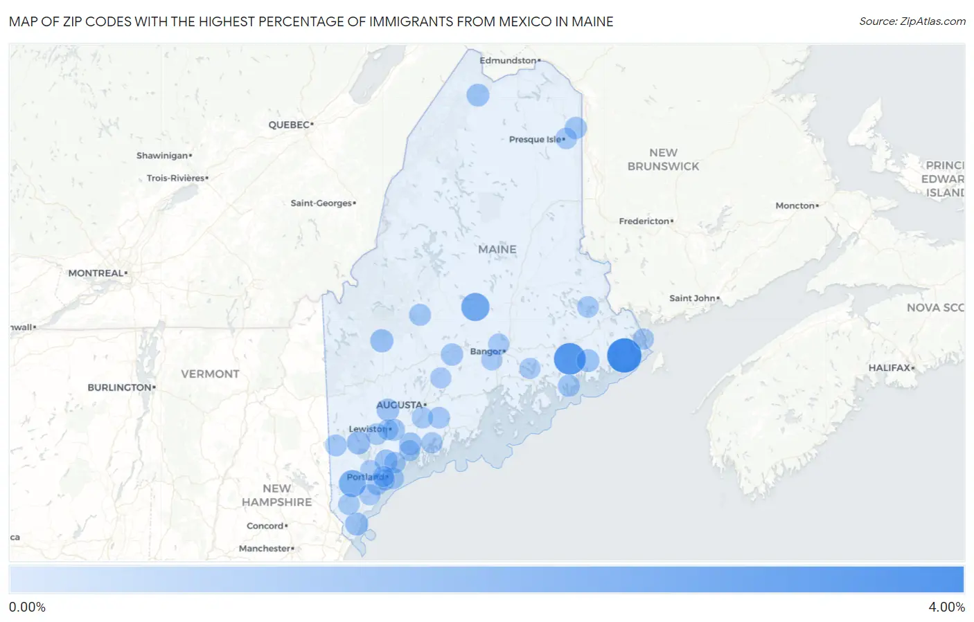 Zip Codes with the Highest Percentage of Immigrants from Mexico in Maine Map