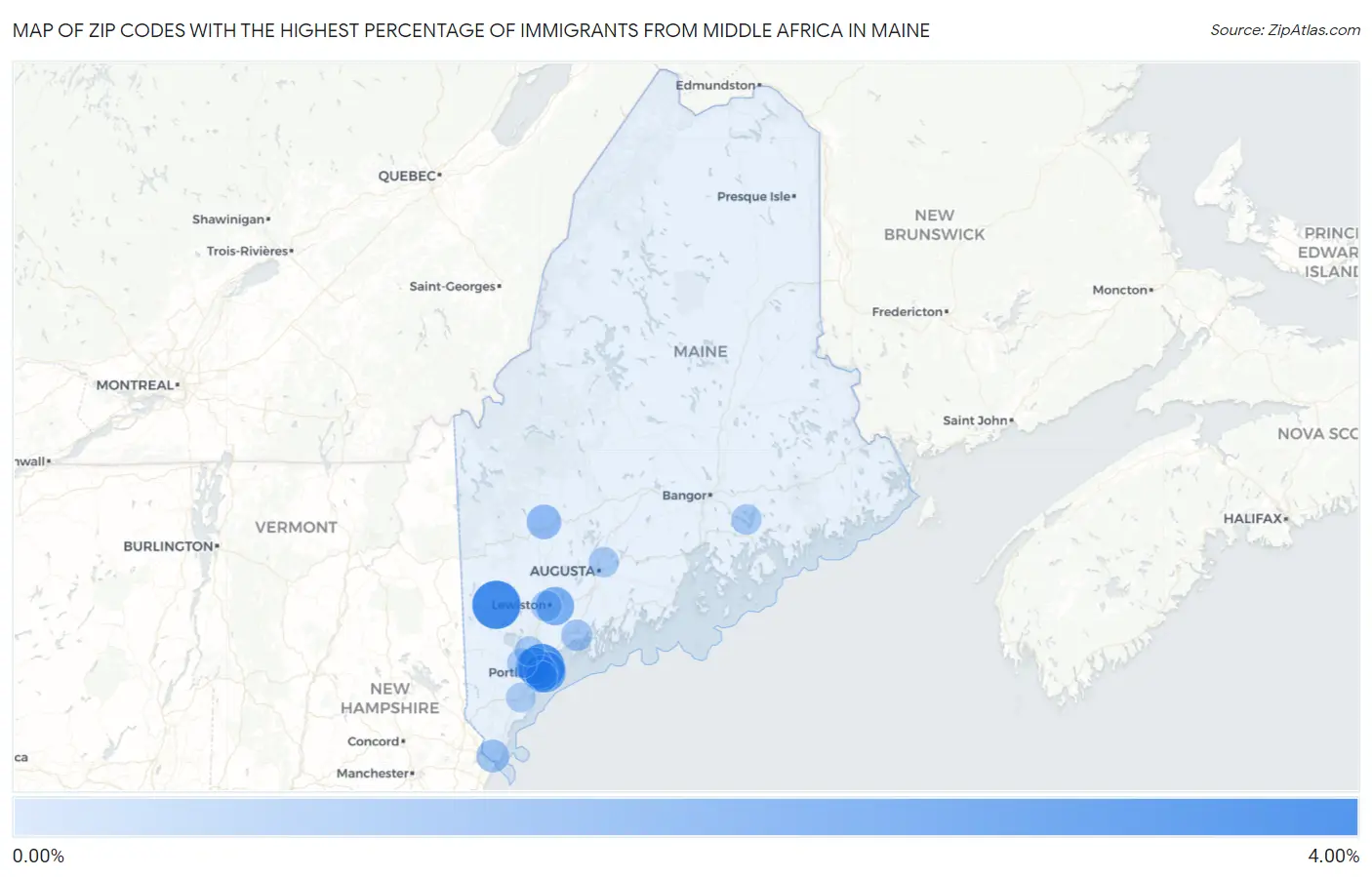 Zip Codes with the Highest Percentage of Immigrants from Middle Africa in Maine Map