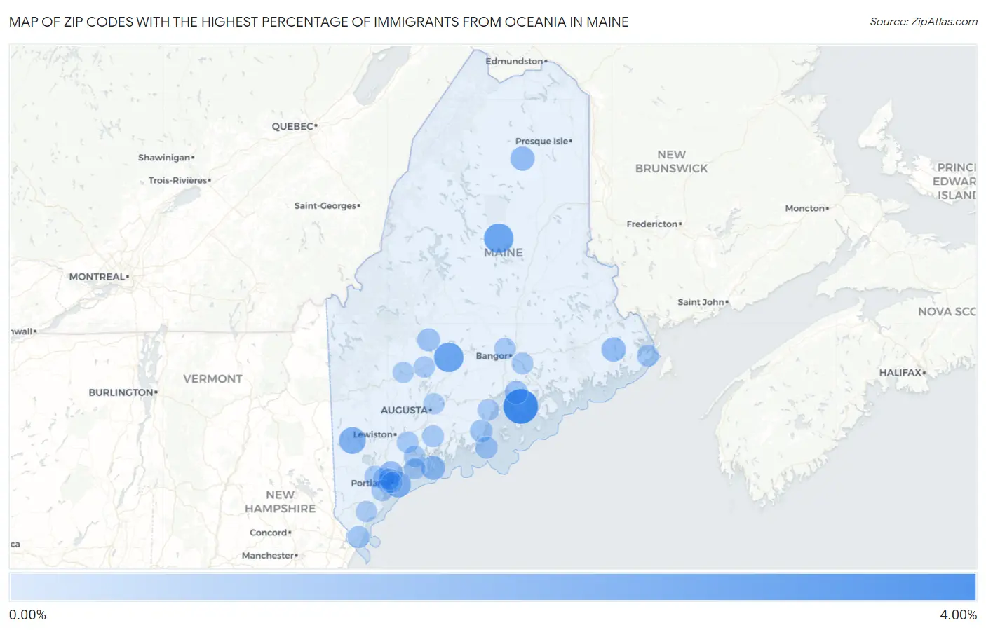 Zip Codes with the Highest Percentage of Immigrants from Oceania in Maine Map