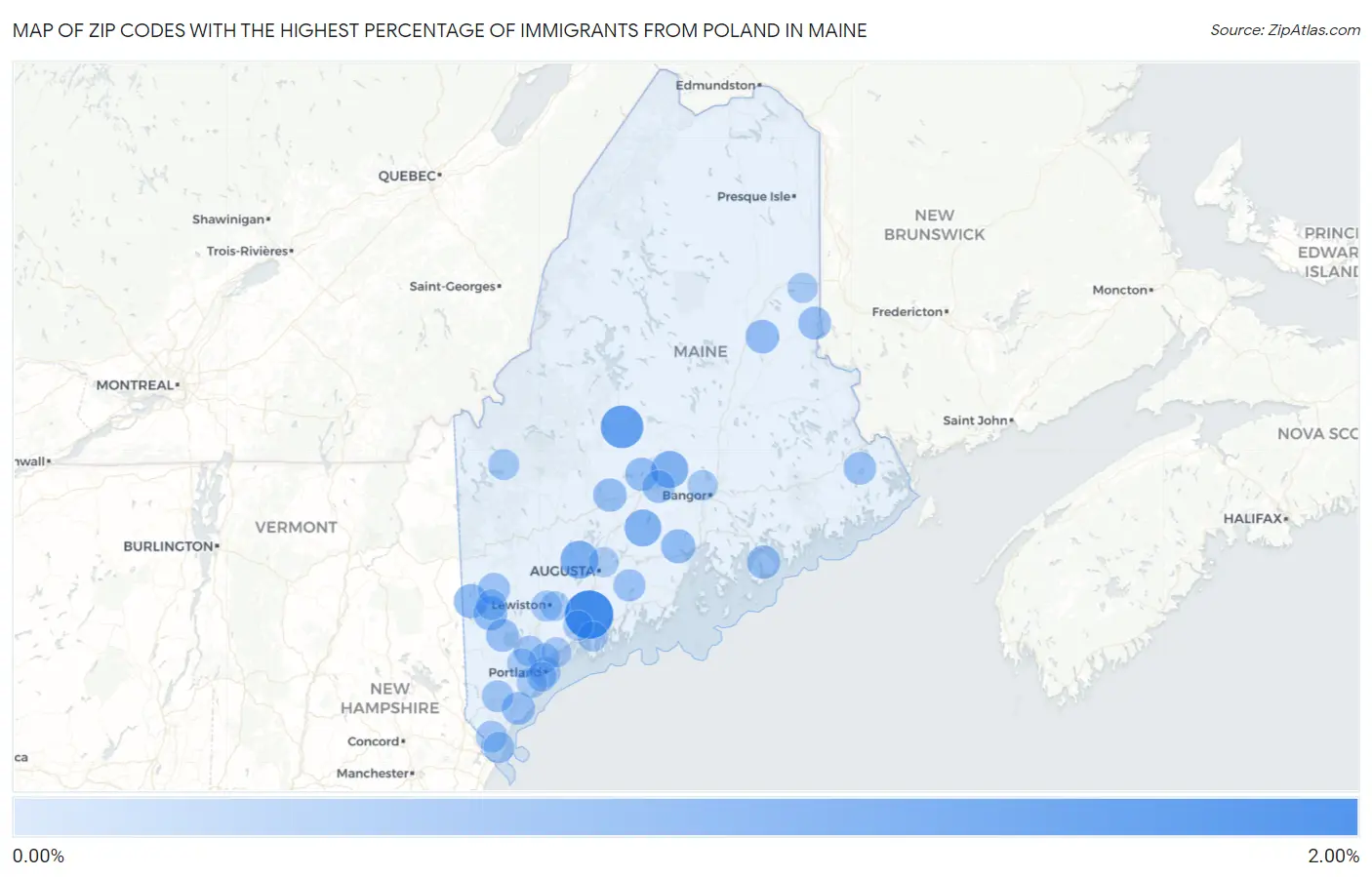 Zip Codes with the Highest Percentage of Immigrants from Poland in Maine Map