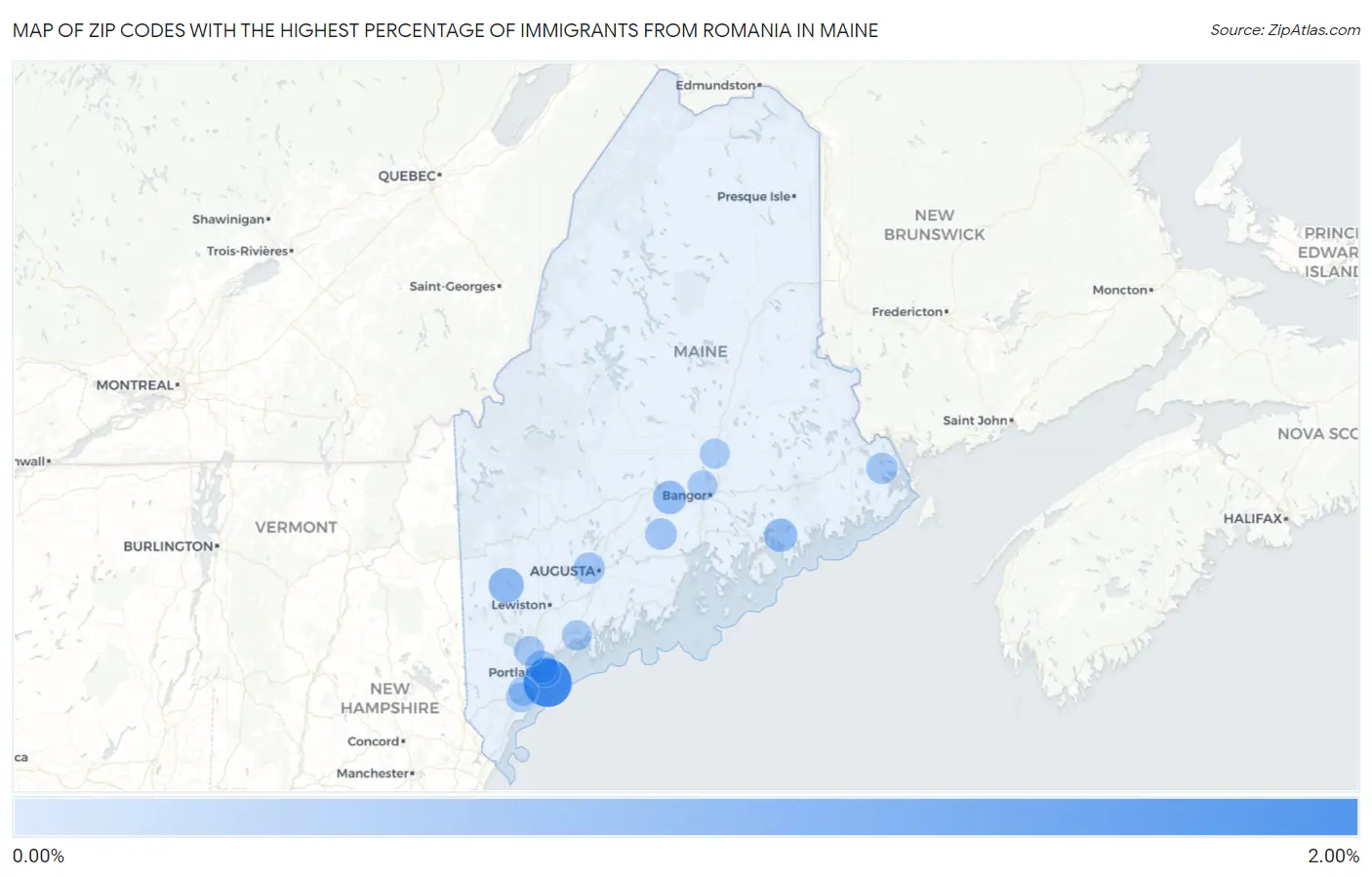 Zip Codes with the Highest Percentage of Immigrants from Romania in Maine Map