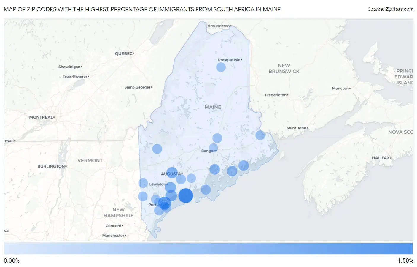 Zip Codes with the Highest Percentage of Immigrants from South Africa in Maine Map
