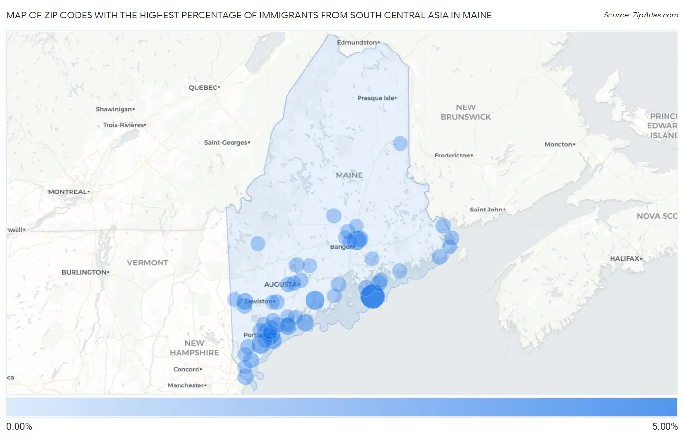 Zip Codes with the Highest Percentage of Immigrants from South Central Asia in Maine Map