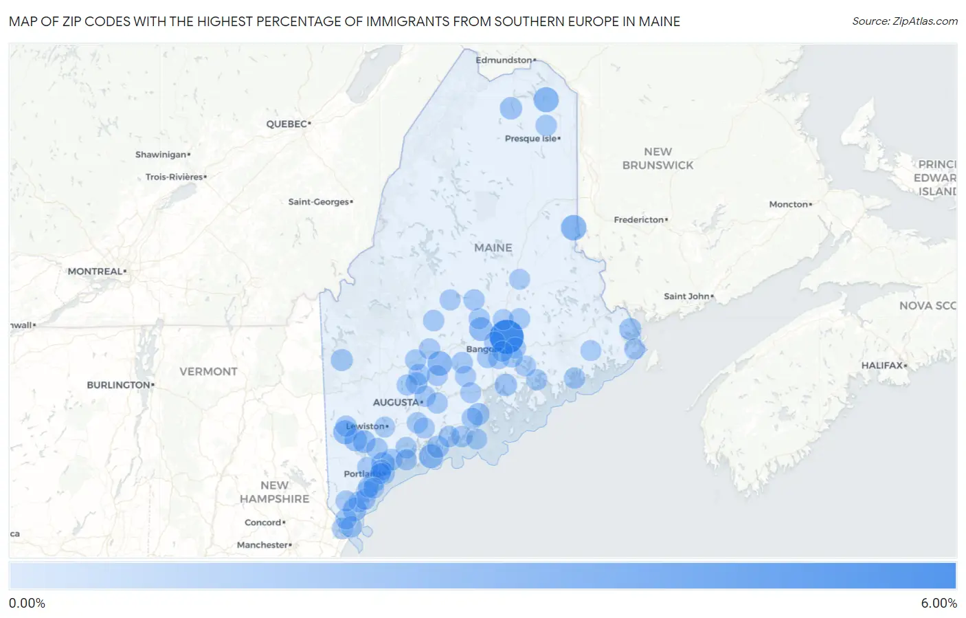 Zip Codes with the Highest Percentage of Immigrants from Southern Europe in Maine Map