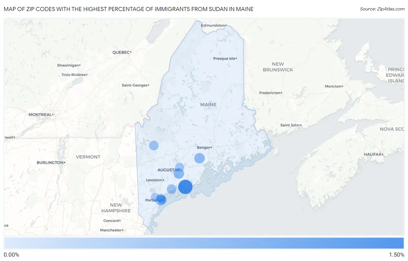 Zip Codes with the Highest Percentage of Immigrants from Sudan in Maine Map
