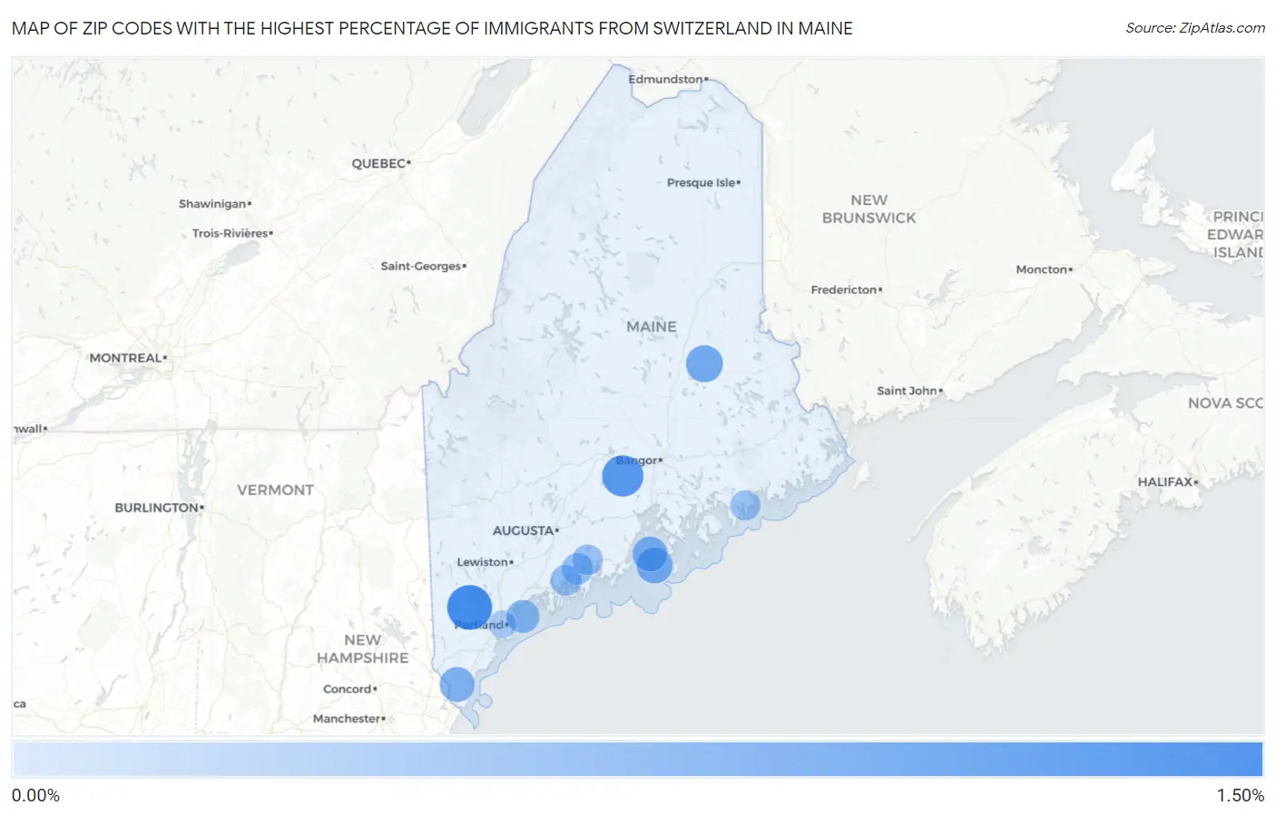 Zip Codes with the Highest Percentage of Immigrants from Switzerland in Maine Map
