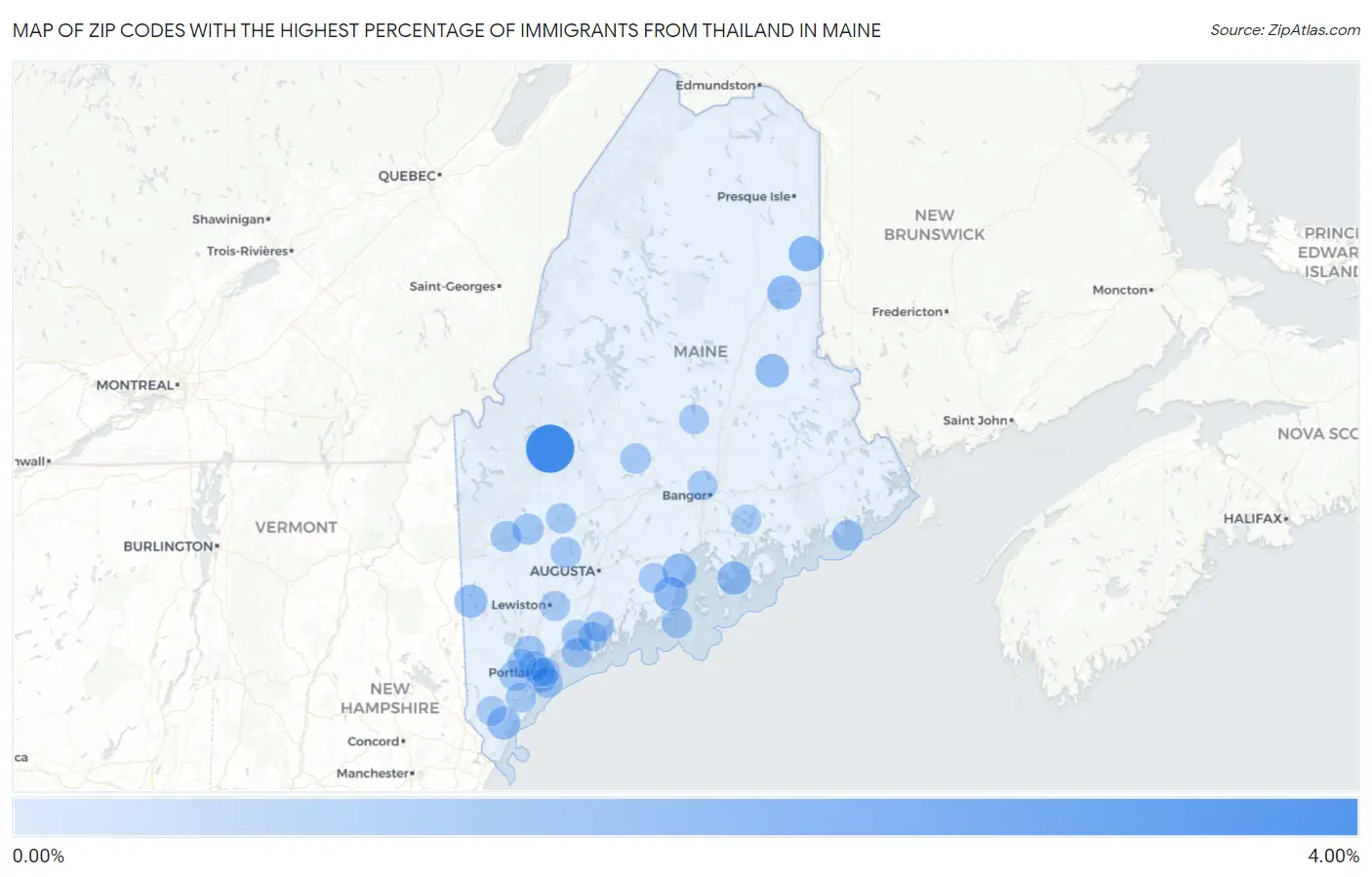 Zip Codes with the Highest Percentage of Immigrants from Thailand in Maine Map
