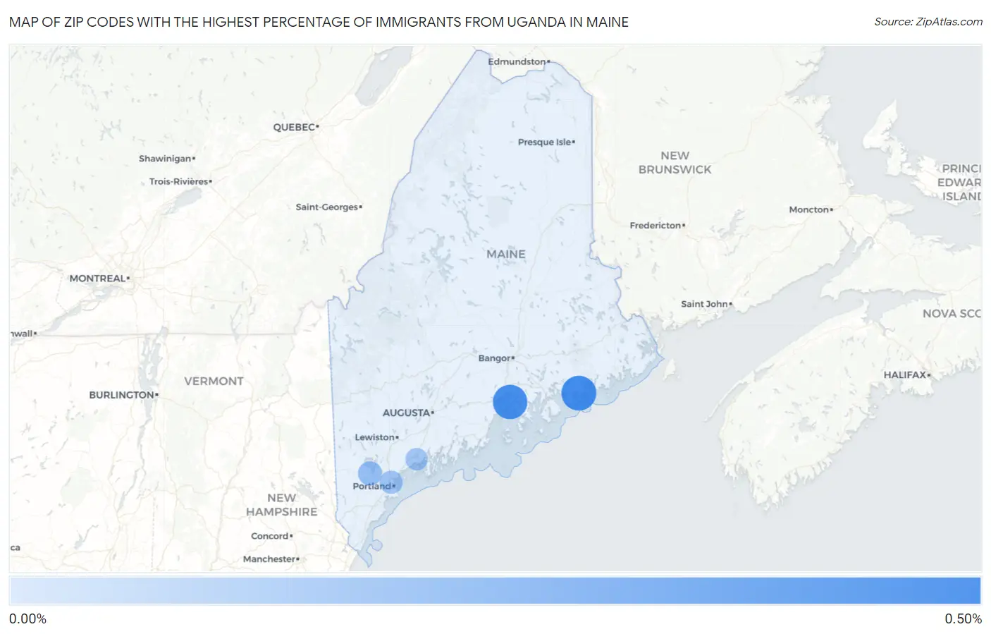 Zip Codes with the Highest Percentage of Immigrants from Uganda in Maine Map