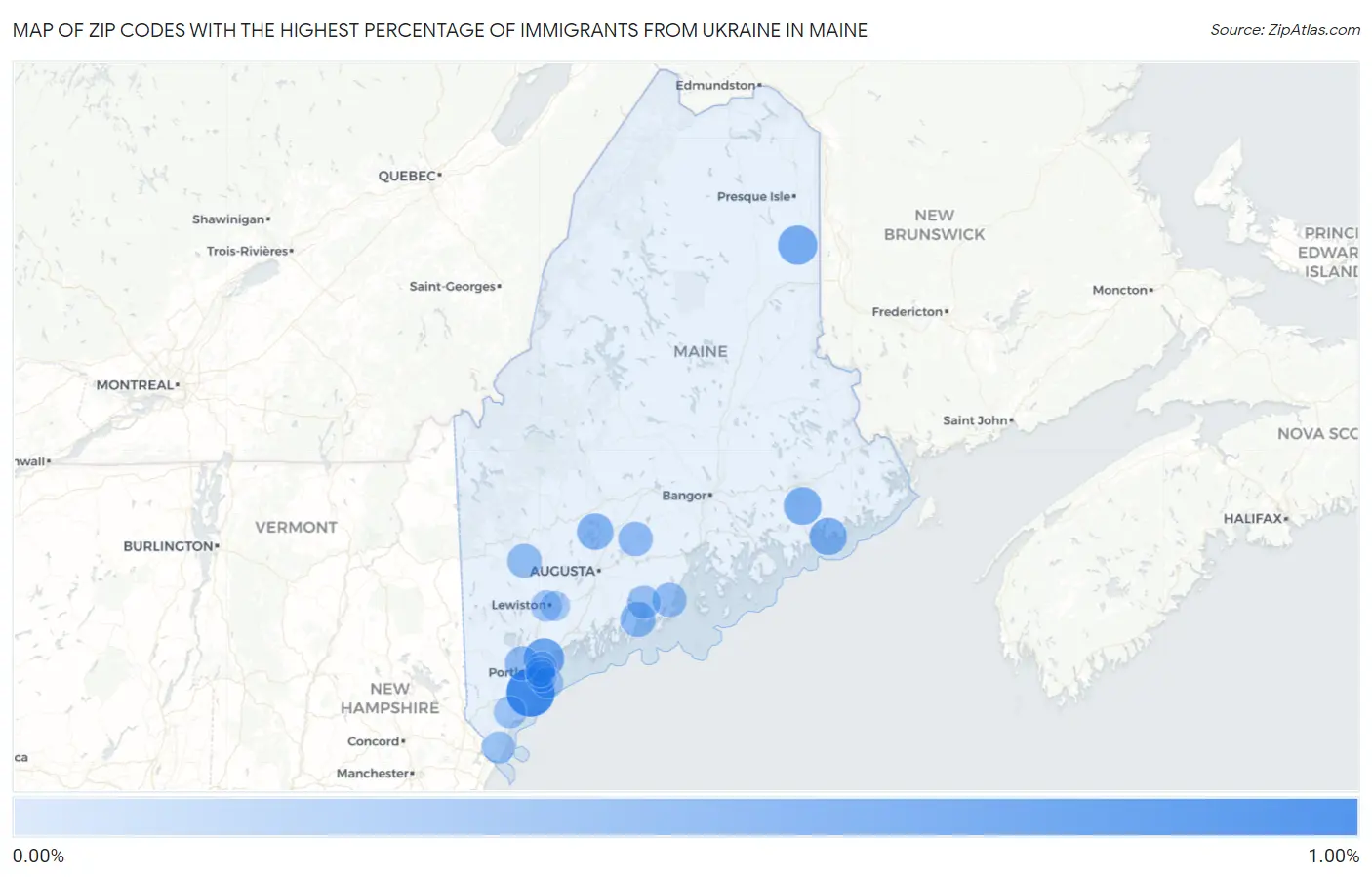 Zip Codes with the Highest Percentage of Immigrants from Ukraine in Maine Map