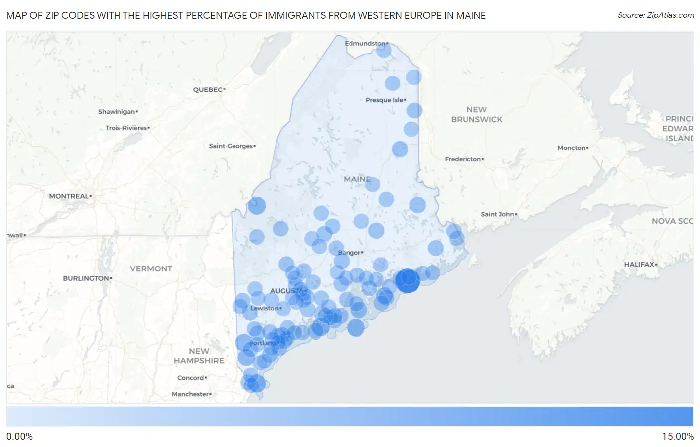 Zip Codes with the Highest Percentage of Immigrants from Western Europe in Maine Map