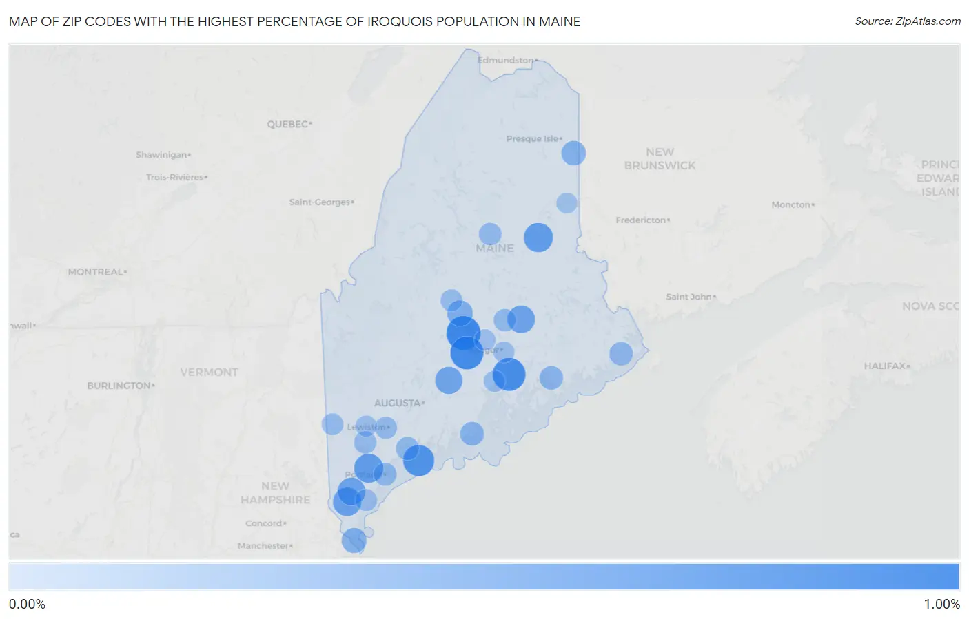 Zip Codes with the Highest Percentage of Iroquois Population in Maine Map