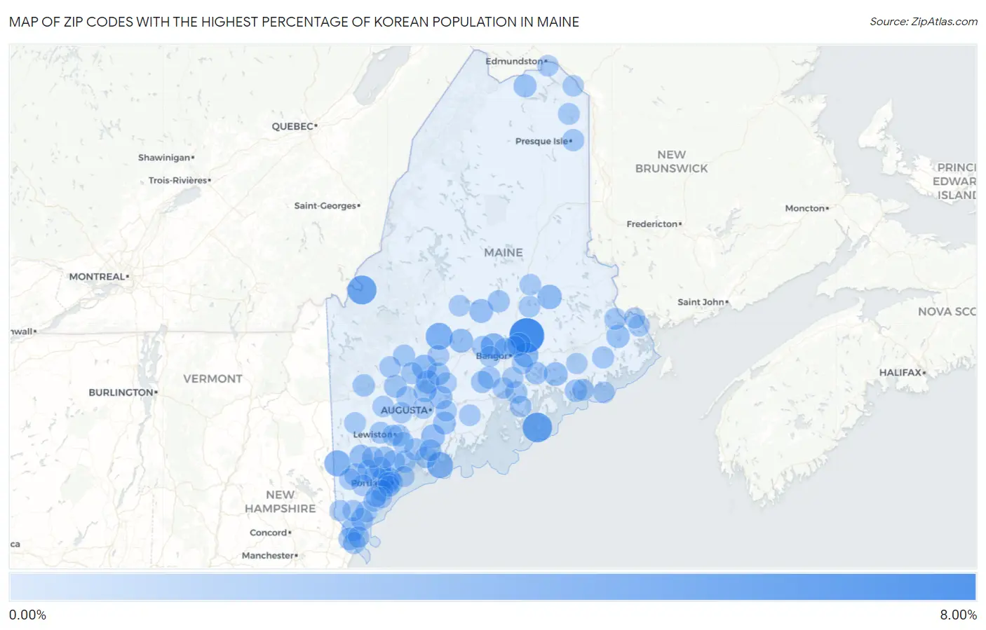 Zip Codes with the Highest Percentage of Korean Population in Maine Map