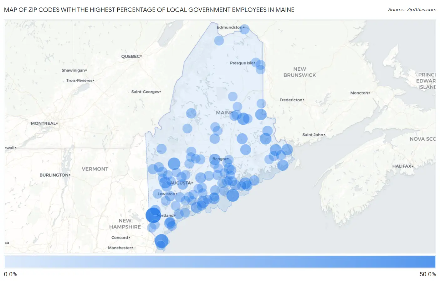 Zip Codes with the Highest Percentage of Local Government Employees in Maine Map