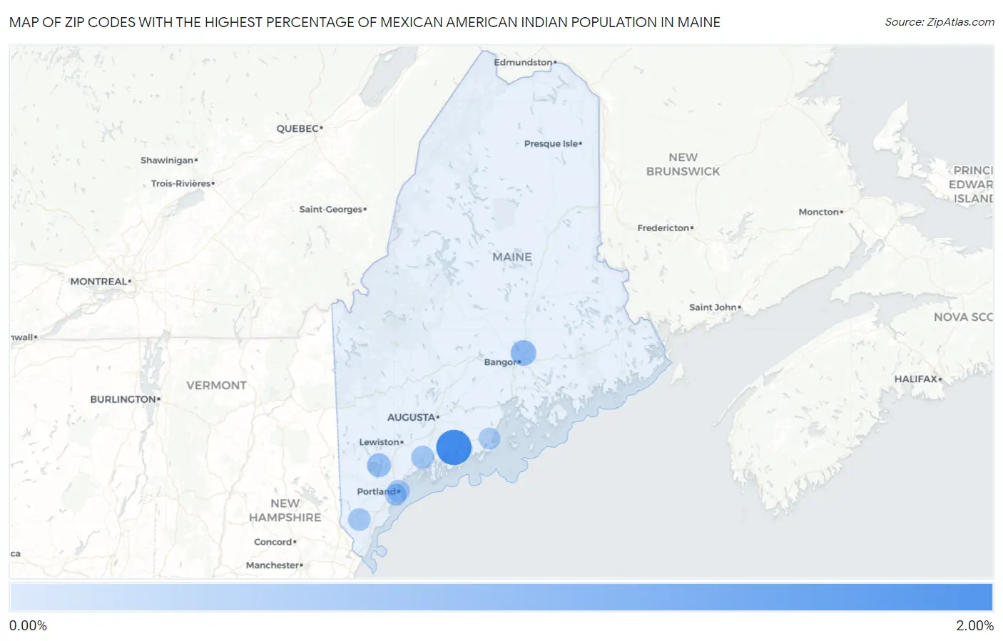 Zip Codes with the Highest Percentage of Mexican American Indian Population in Maine Map