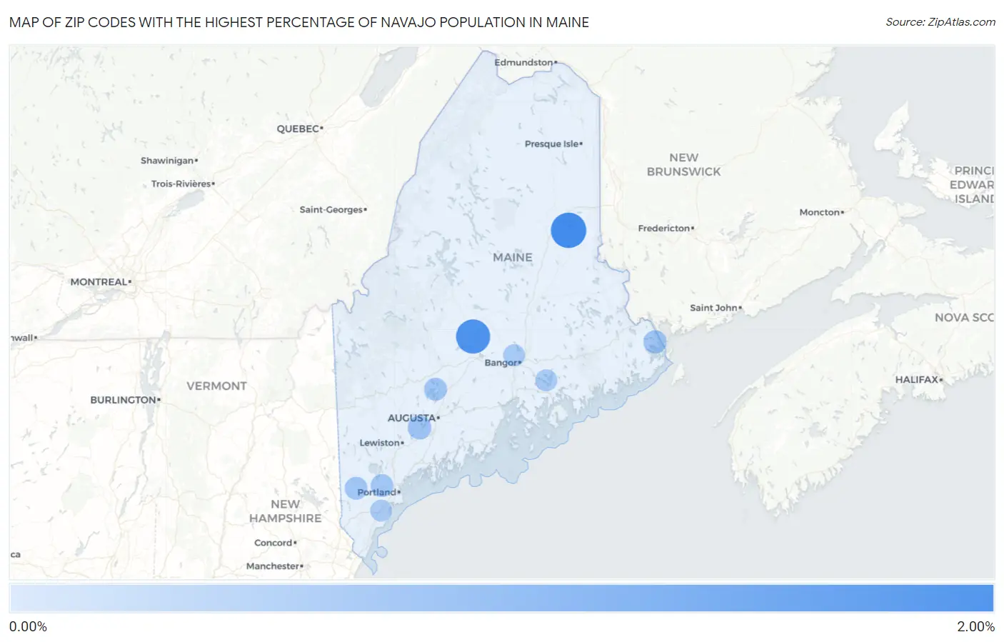 Zip Codes with the Highest Percentage of Navajo Population in Maine Map