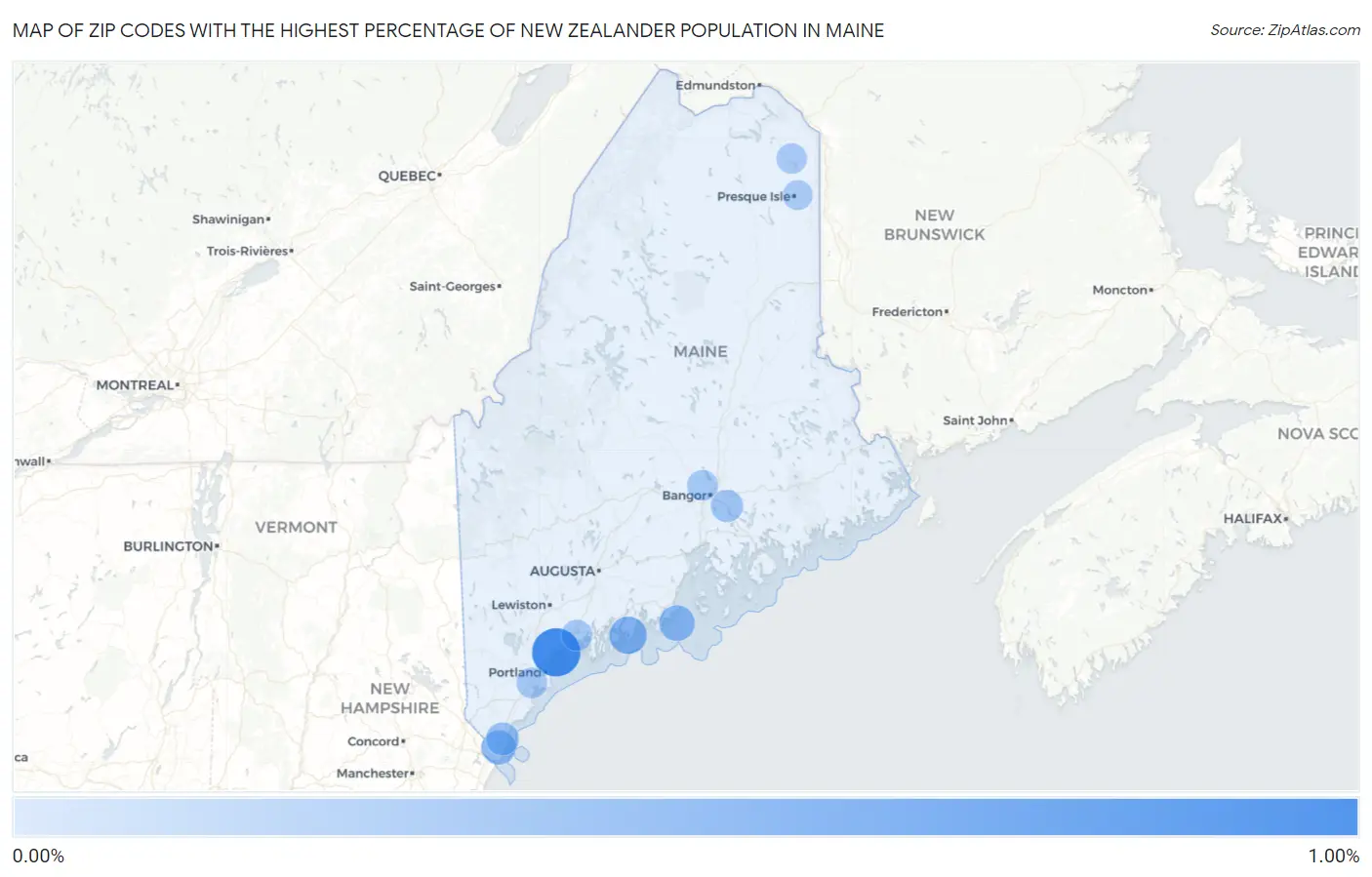 Zip Codes with the Highest Percentage of New Zealander Population in Maine Map