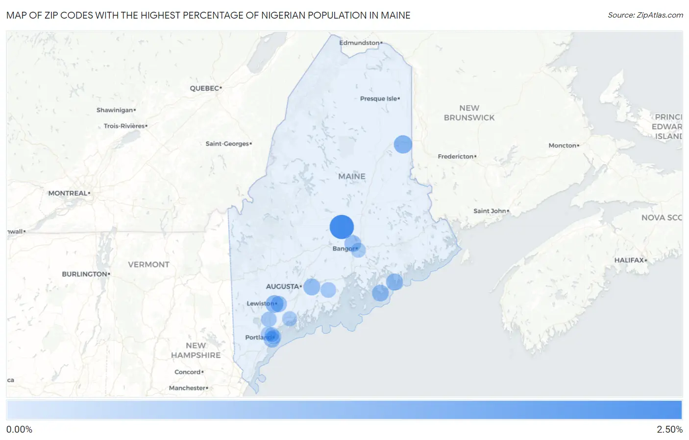 Zip Codes with the Highest Percentage of Nigerian Population in Maine Map
