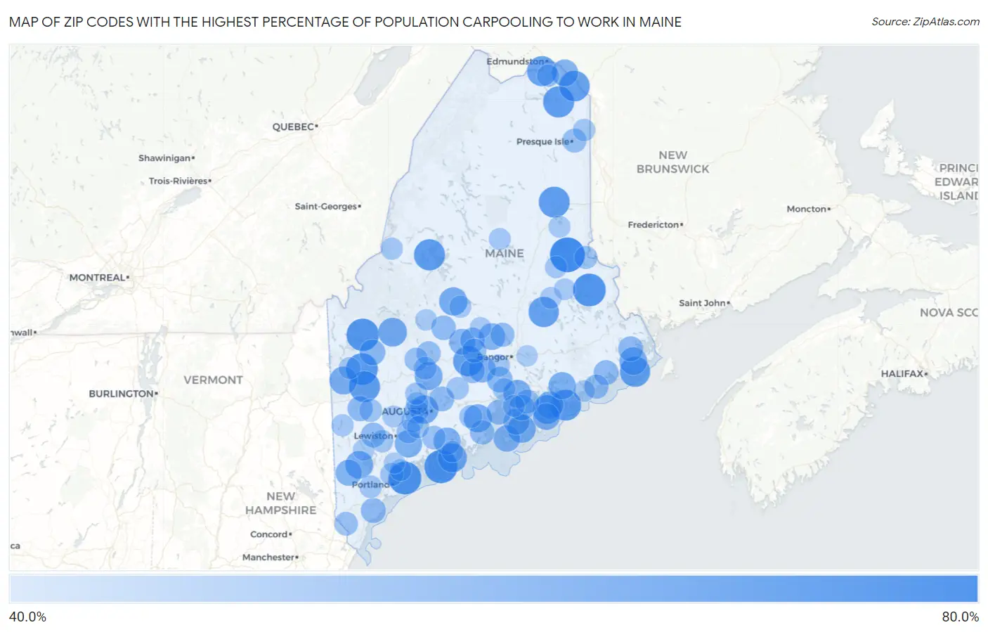Zip Codes with the Highest Percentage of Population Carpooling to Work in Maine Map