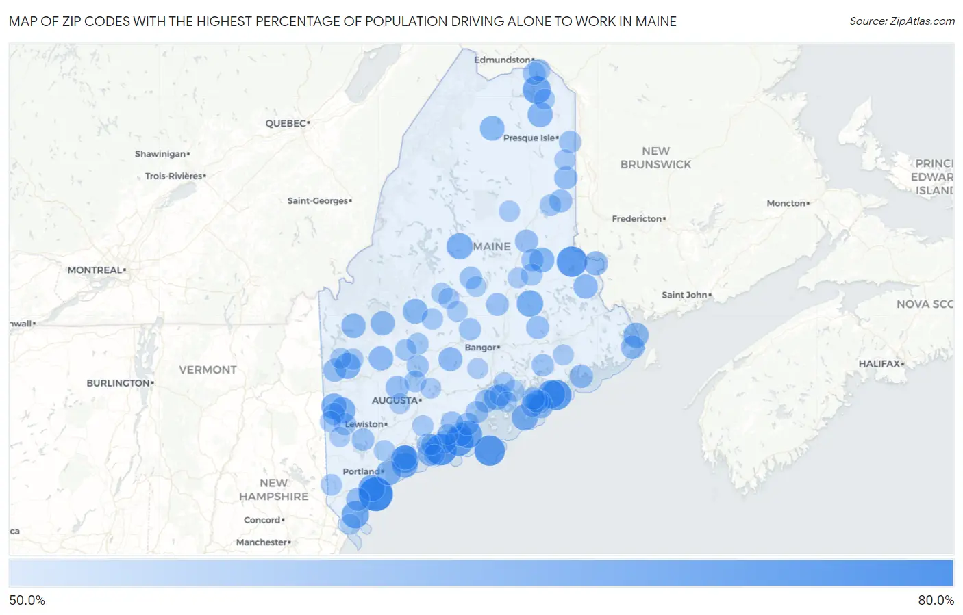 Zip Codes with the Highest Percentage of Population Driving Alone to Work in Maine Map