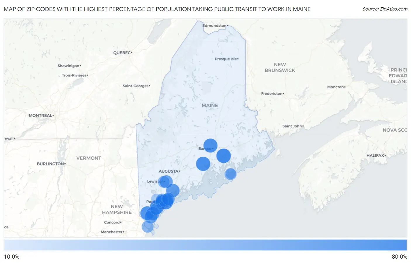 Zip Codes with the Highest Percentage of Population Taking Public Transit to Work in Maine Map