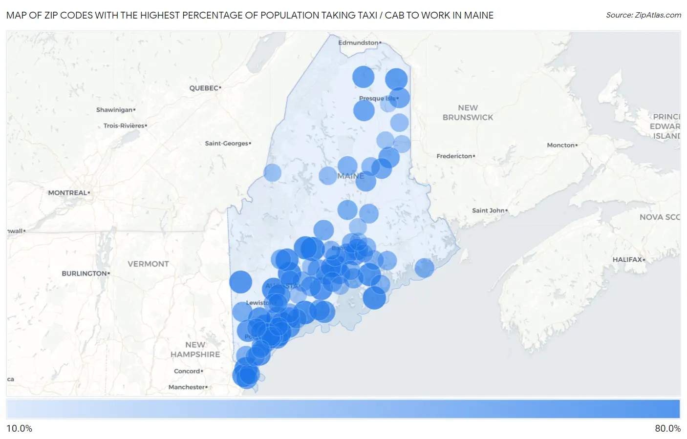 Zip Codes with the Highest Percentage of Population Taking Taxi / Cab to Work in Maine Map