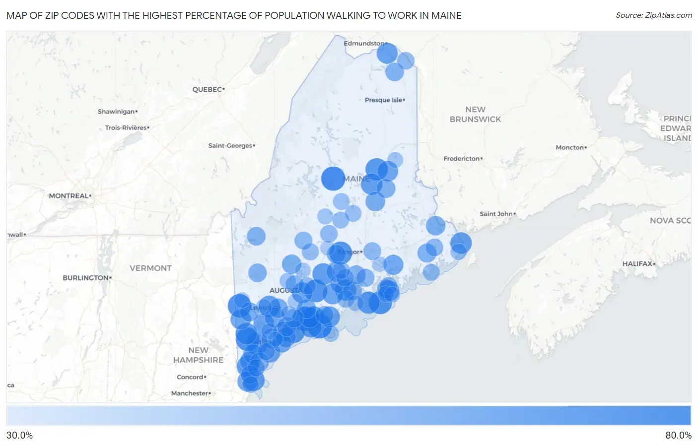 Zip Codes with the Highest Percentage of Population Walking to Work in Maine Map
