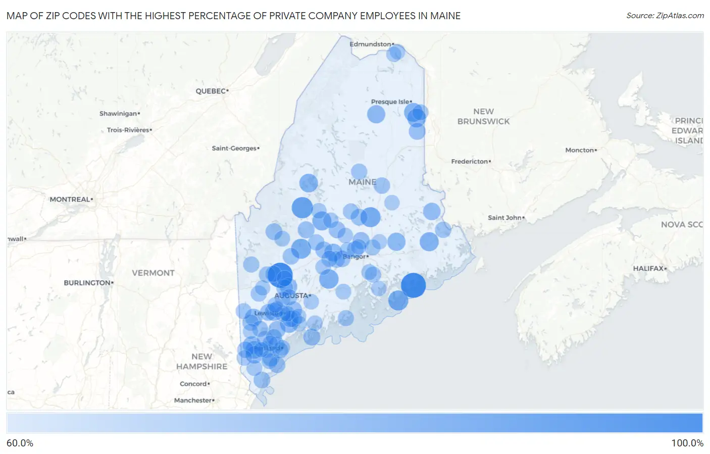 Zip Codes with the Highest Percentage of Private Company Employees in Maine Map