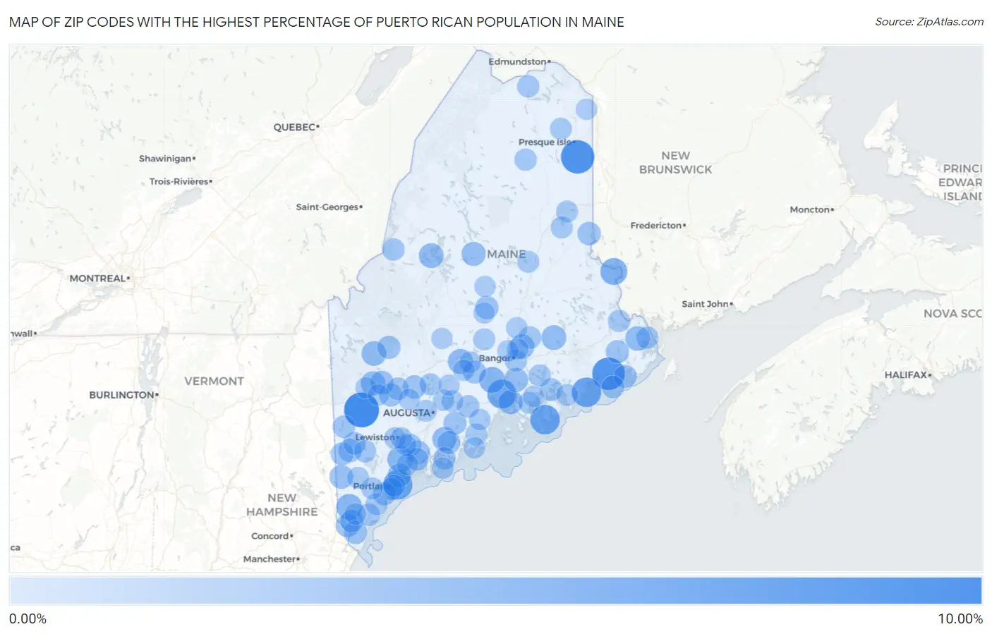 Zip Codes with the Highest Percentage of Puerto Rican Population in Maine Map