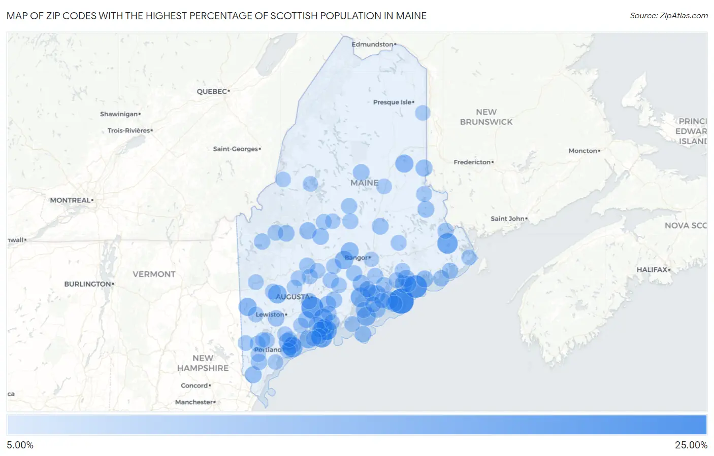 Zip Codes with the Highest Percentage of Scottish Population in Maine Map