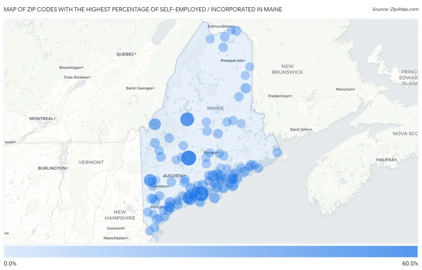 Zip Codes with the Highest Percentage of Self-Employed / Incorporated in Maine Map