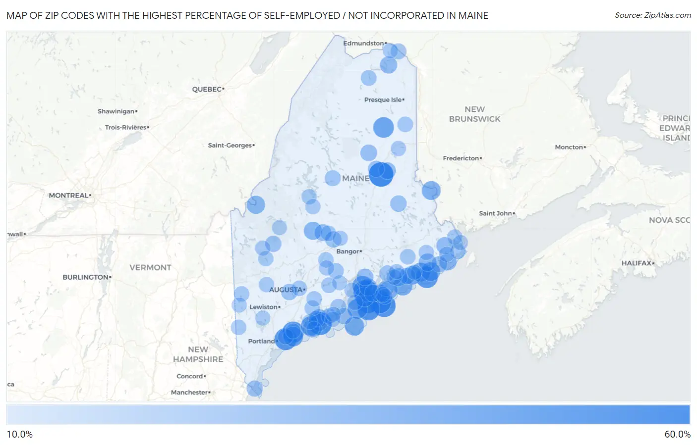 Zip Codes with the Highest Percentage of Self-Employed / Not Incorporated in Maine Map