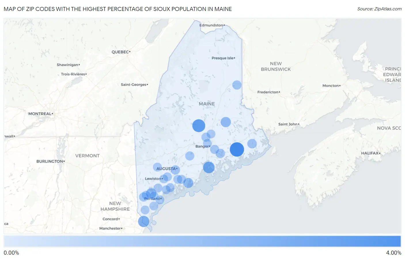 Zip Codes with the Highest Percentage of Sioux Population in Maine Map