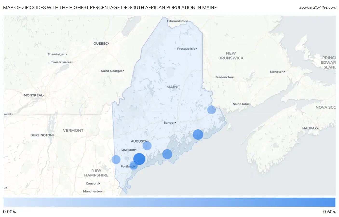 Zip Codes with the Highest Percentage of South African Population in Maine Map
