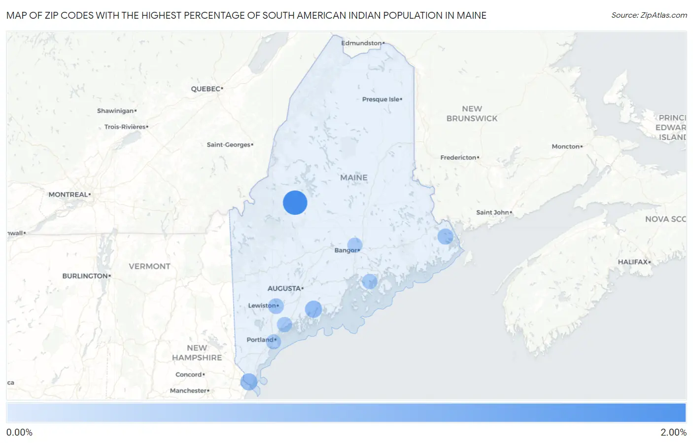 Zip Codes with the Highest Percentage of South American Indian Population in Maine Map