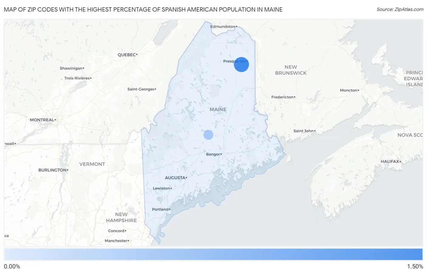 Zip Codes with the Highest Percentage of Spanish American Population in Maine Map