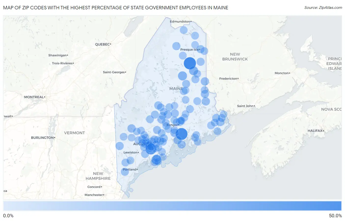 Zip Codes with the Highest Percentage of State Government Employees in Maine Map