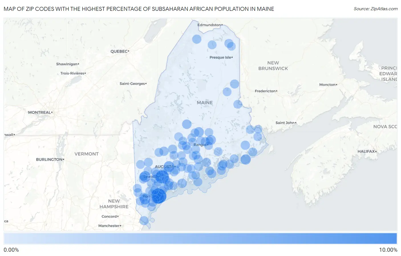 Zip Codes with the Highest Percentage of Subsaharan African Population in Maine Map