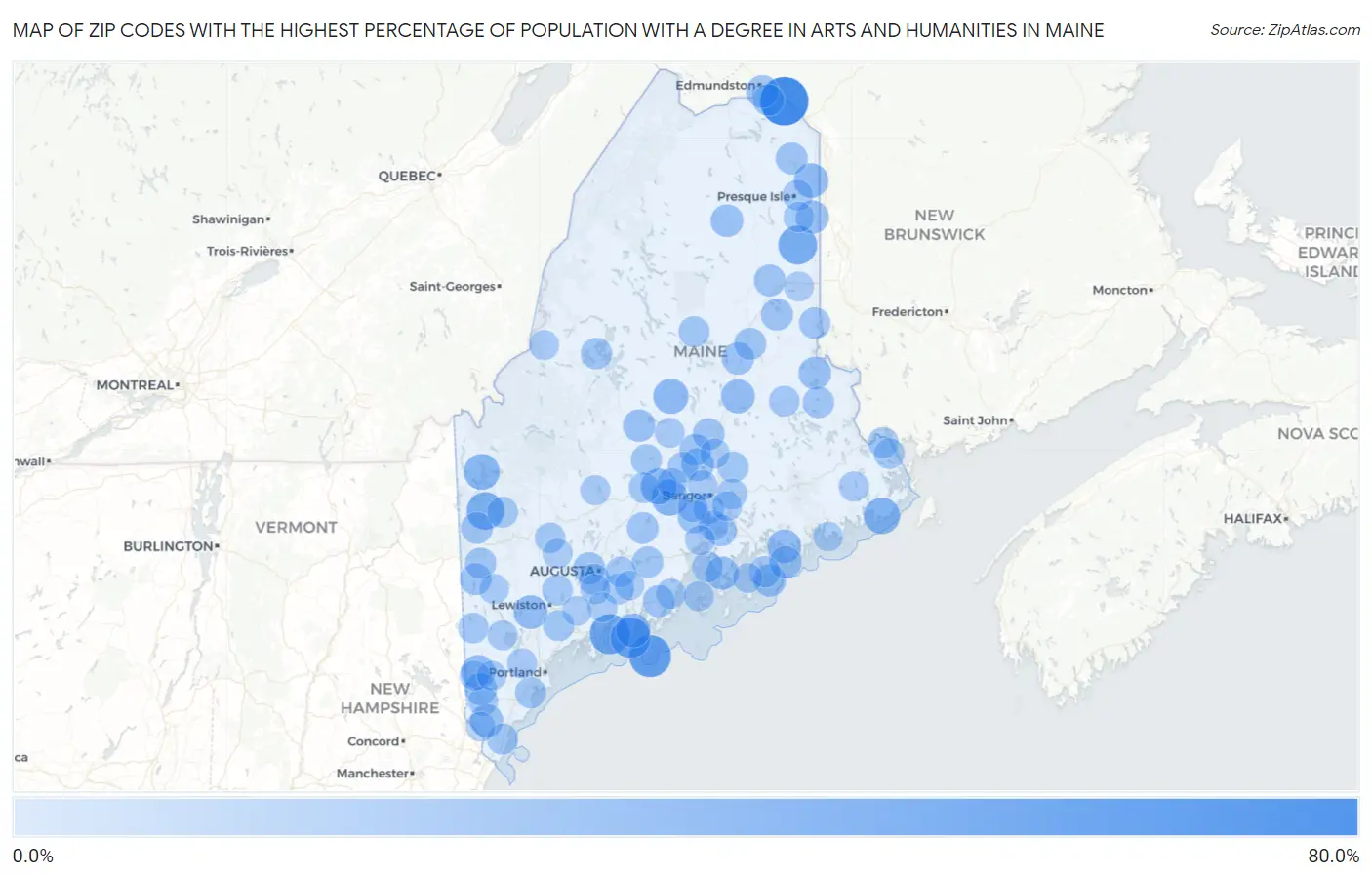Zip Codes with the Highest Percentage of Population with a Degree in Arts and Humanities in Maine Map