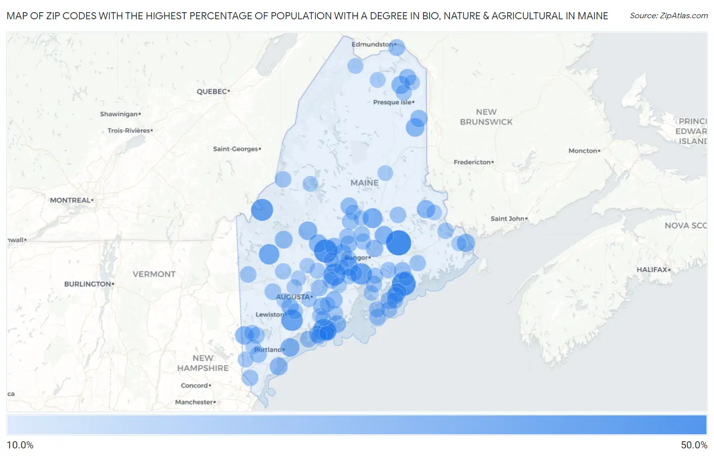 Zip Codes with the Highest Percentage of Population with a Degree in Bio, Nature & Agricultural in Maine Map