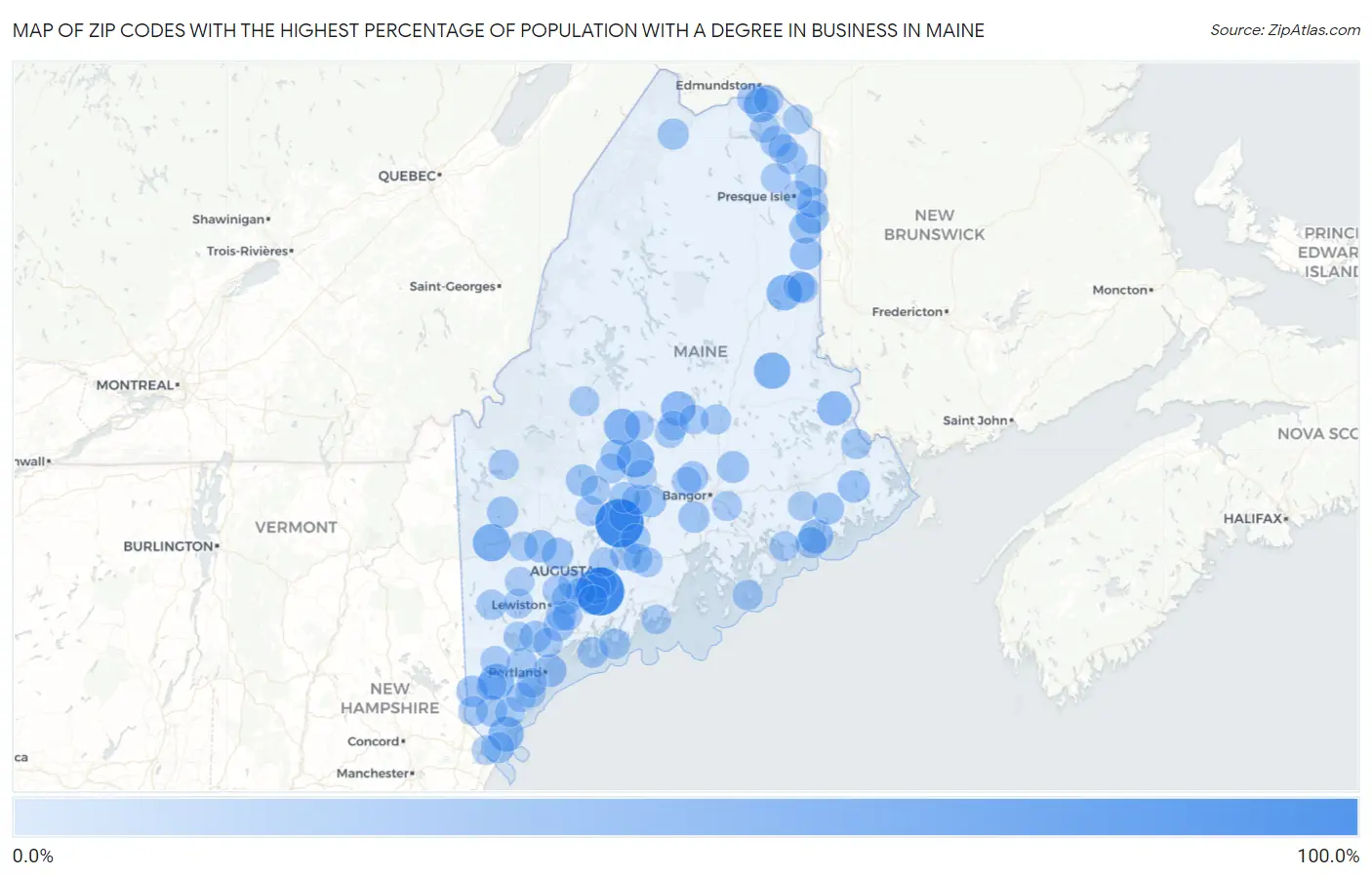 Zip Codes with the Highest Percentage of Population with a Degree in Business in Maine Map